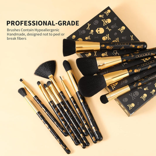 12-Piece Skull-Print Makeup Brush Set - Premium Synthetic Brushes for Flawless Foundation, Contouring, Blush, and Eye Makeup