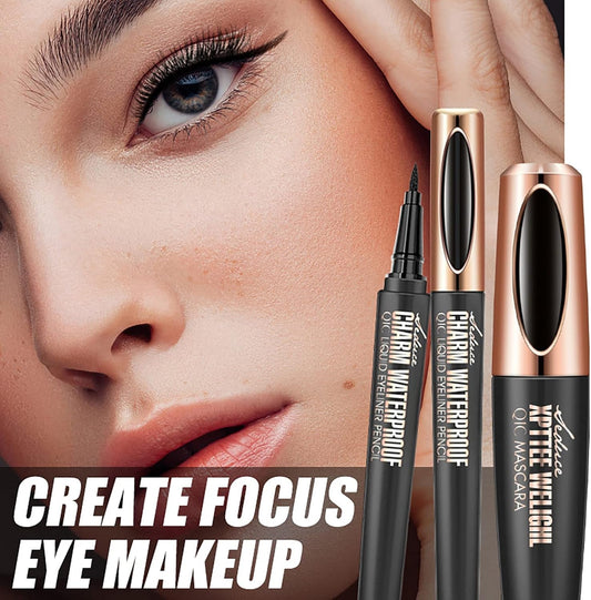 Mascara and Eyeliner Set, Black 4D Silk Fiber Eyelash Mascara with Liquid Eyeliner Kit Waterproof Quick-Drying Sweat-Proof, Smudgeproof, Long Lasting Perfect Eyes Makeup Set