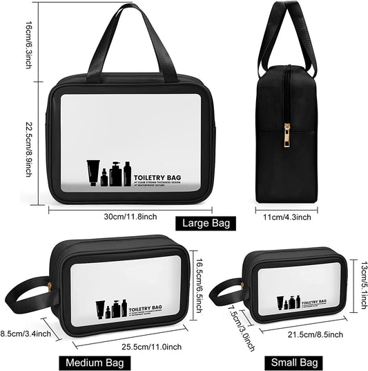 3-Piece Clear Travel Toiletry Bag Set - Waterproof Makeup & Wash Bags for Men & Women (Black)