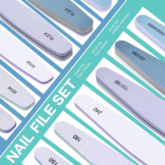 Nail Files, 12Pcs Professional Emery Boards Set for Acrylic Gel Natural Nails(Include 150,180,240,100/180,220/280,1000/4000 Grit)