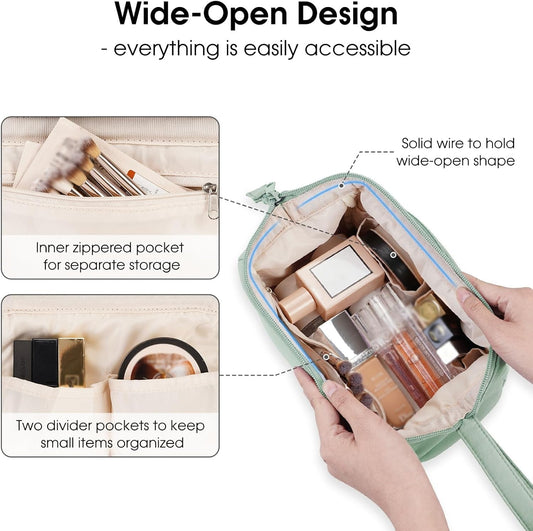 Large Makeup Bag Wide-Open Zipper Pouch Travel Wash Bag Toiletry Bag Cosmetic Organizer for Women (Mint Green)