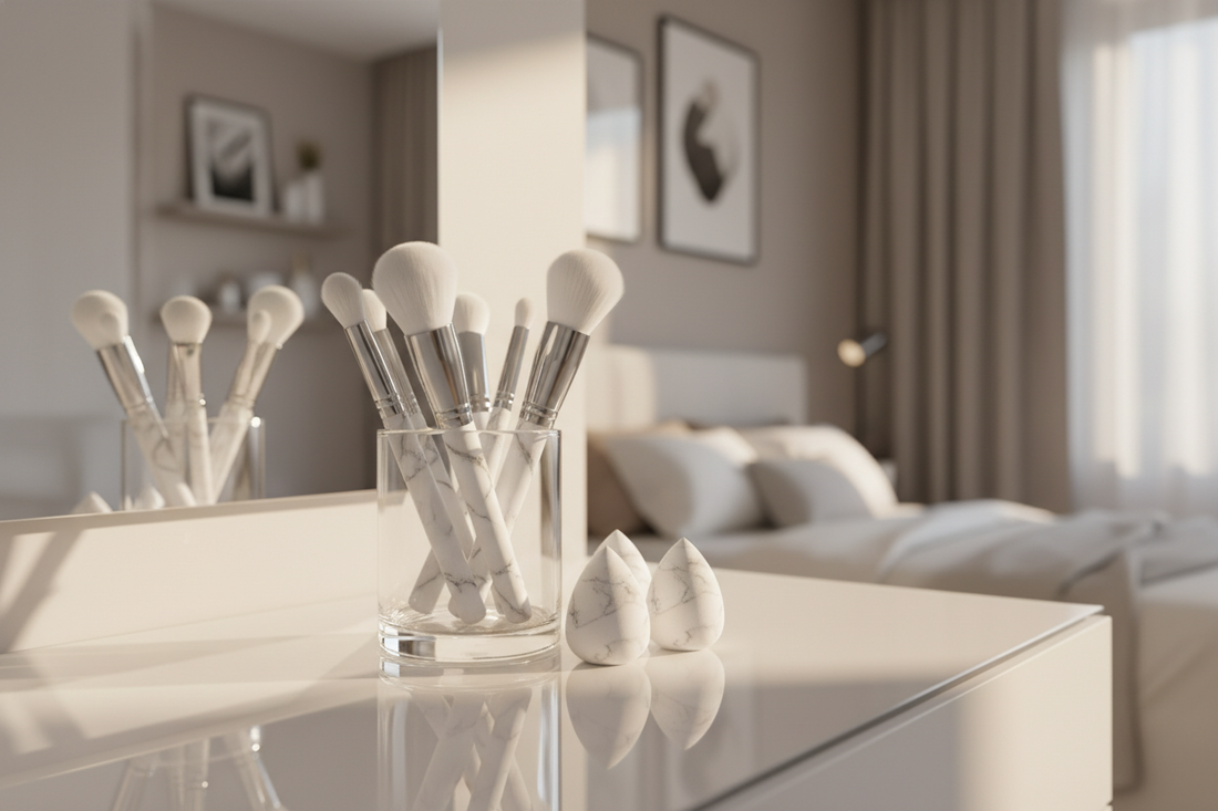 Elegant 15-piece marble makeup brush and sponge set displayed on a minimalist vanity for beauty enthusiasts