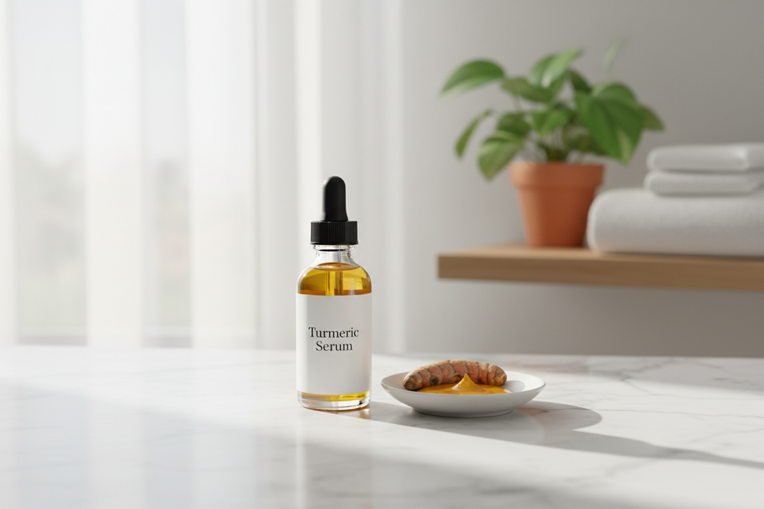 Turmeric serum for dark spots in a minimalist bathroom setting promotes natural skincare solutions