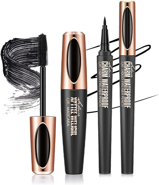 Mascara and Eyeliner Set,  Black 4D Silk Fiber Eyelash Mascara with Liquid Eyeliner Kit Waterproof Quick-Drying Sweat-Proof, Smudgeproof, Long Lasting Perfect Eyes Makeup Set