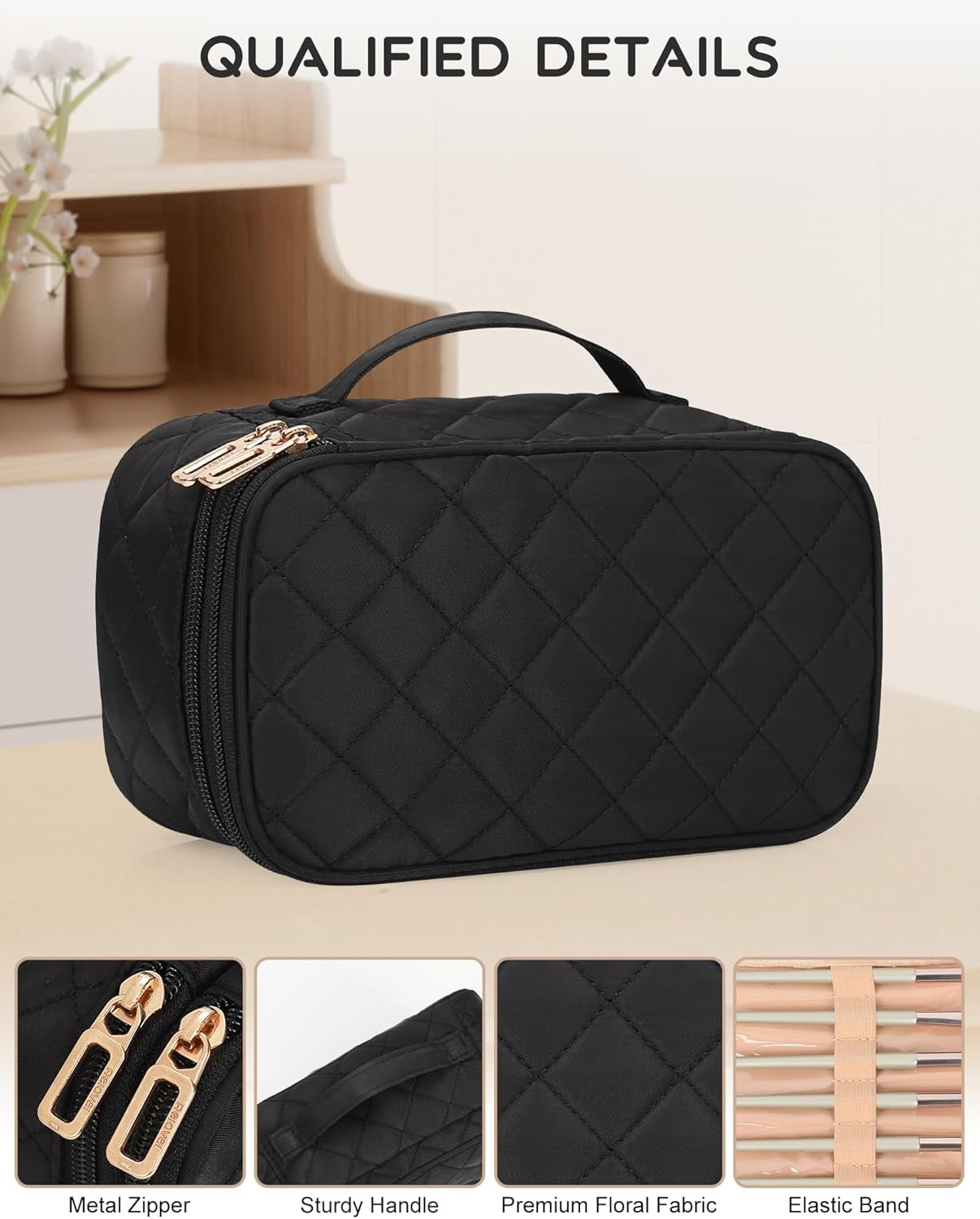 Makeup Bag, Small Makeup Bag for Women, Travel Cosmetic Bag, 2 Layers Waterproof Makeup Organizer Storage with Makeup Brush Holder, Black