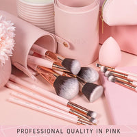 Beauty 15-Piece Pink Makeup Brush Set - Award-Winning Brushes with Case, Blending Sponge, Cleaner, and Gift Box