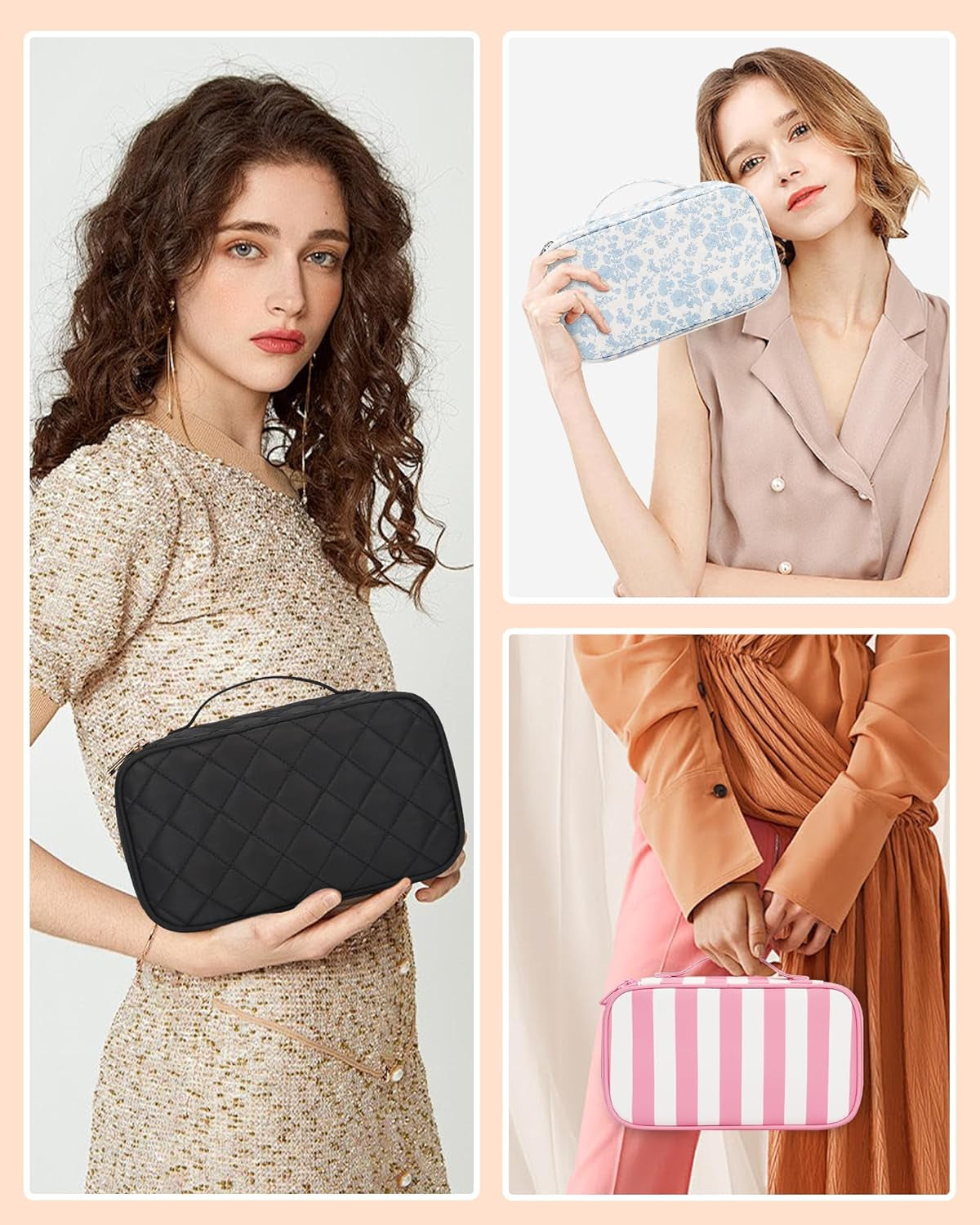 Makeup Bag, Small Makeup Bag for Women, Travel Cosmetic Bag, 2 Layers Waterproof Makeup Organizer Storage with Makeup Brush Holder, Black