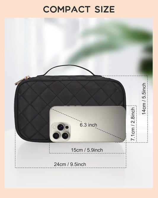 Makeup Bag, Small Makeup Bag for Women, Travel Cosmetic Bag, 2 Layers Waterproof Makeup Organizer Storage with Makeup Brush Holder, Black