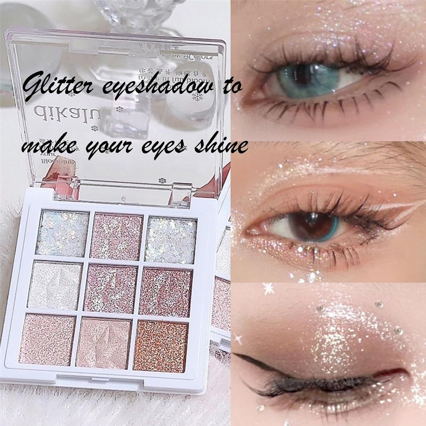Glitter Eyeshadow Palette,Shimmer Eye Shadow Pallets for Women,Highly Pigmented Eyeshadow Make-Up Palettes,White Pink Glitter Eye Shadow Palette with Brush,Travel Size Eyeshadow Gift for Girls Make Up