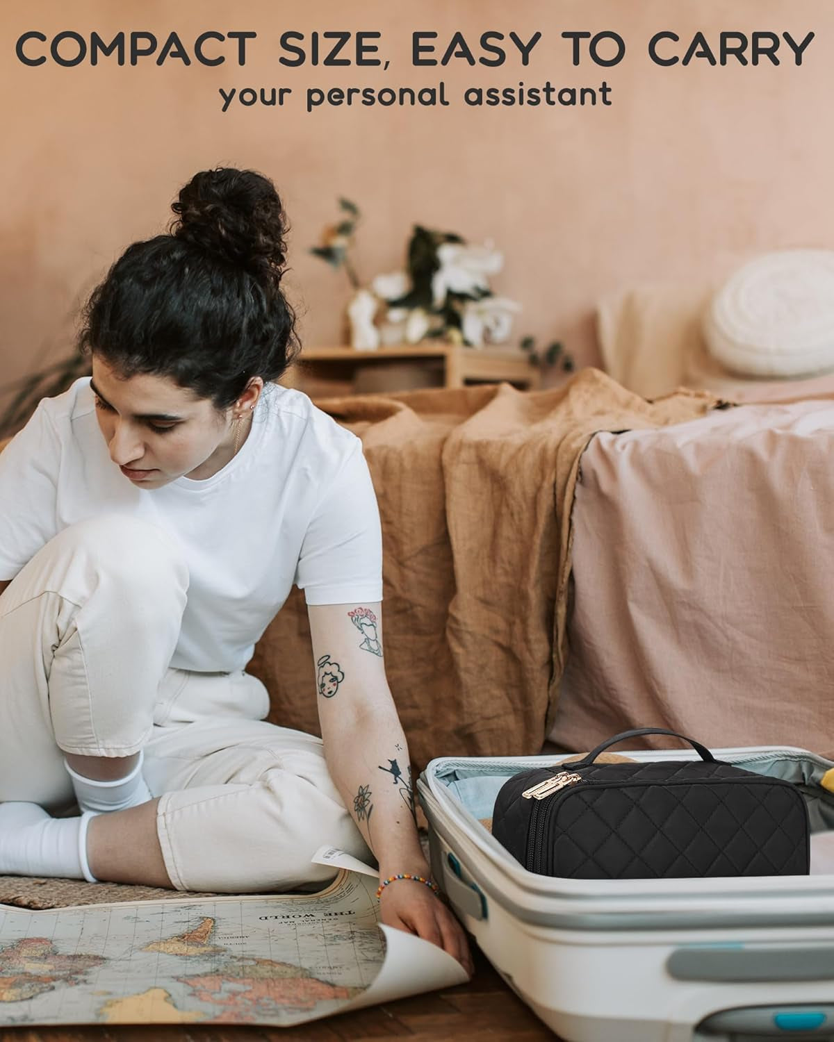 Makeup Bag, Small Makeup Bag for Women, Travel Cosmetic Bag, 2 Layers Waterproof Makeup Organizer Storage with Makeup Brush Holder, Black