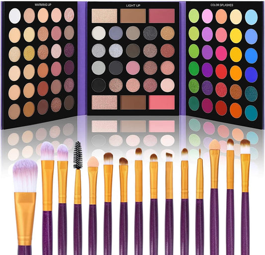 86 Colors Nude Eyeshadow Palette with 15Pcs Makeup Brushes Set, Matte Glitter Long Lasting Highly Pigmented Waterproof Colorful Eye Shadow Contour Blush Powder Highlighter All in One