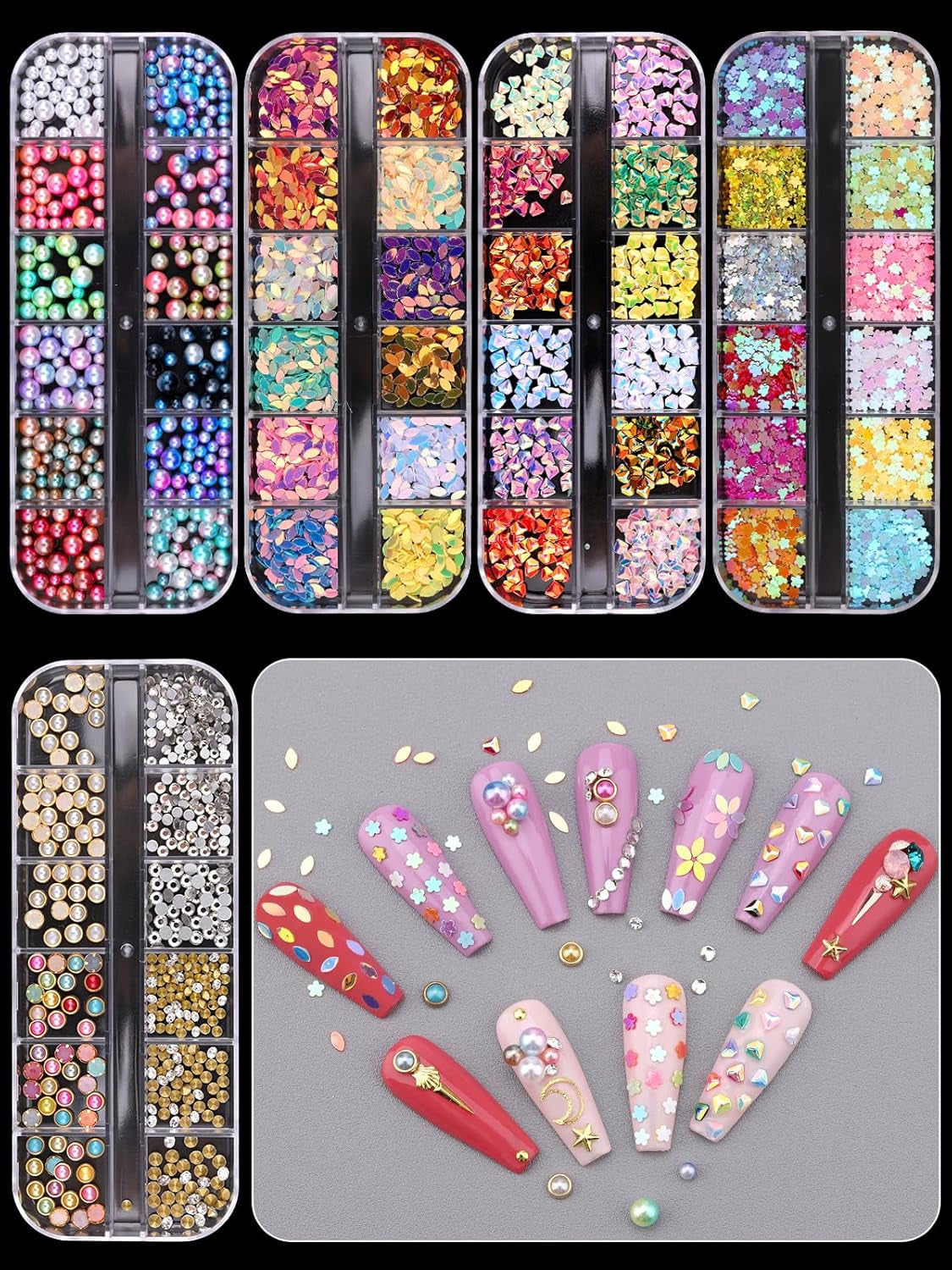 Nail Art Rhinestones, Nail Studs Gems Nail Diamonds Nail Art Crystal Nail Jewels with Pick up Tweezers for Nail Art Decoration (10 Boxs)