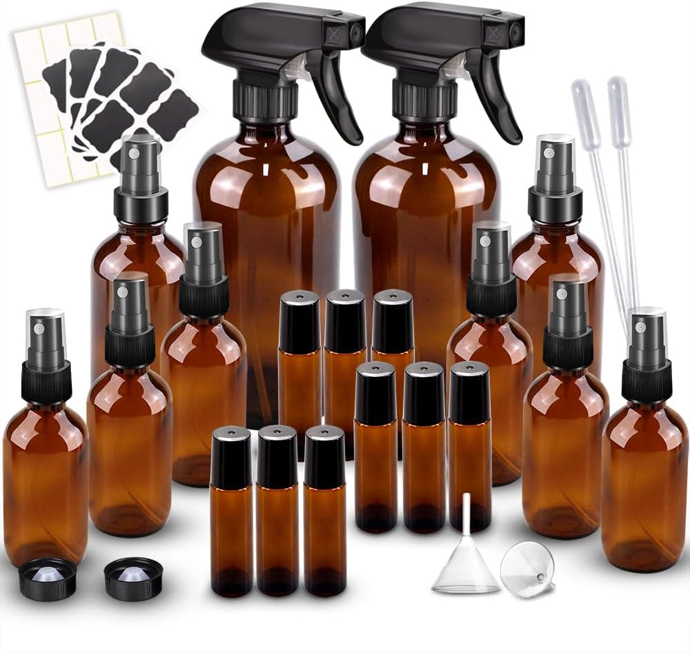 Bonytek Glass Spray Bottle Kit - 12 Amber Essential Oil Roller Bottles with Labels for Aromatherapy & Cleaning (216Oz, 24Oz, 82Oz)