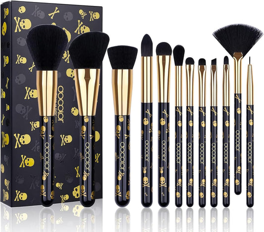 12-Piece Skull-Print Makeup Brush Set - Premium Synthetic Brushes for Flawless Foundation, Contouring, Blush, and Eye Makeup