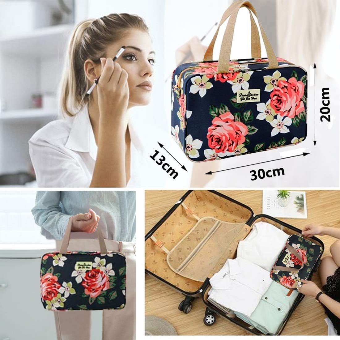 Toiletry Bag for Women Portable Cosmetic Bag Large Toiletries Organizer Storage Navy Rose Toiletry Kit Leakproof Travel Make up for Girls Floral Cosmetic Case (Navy Rose)