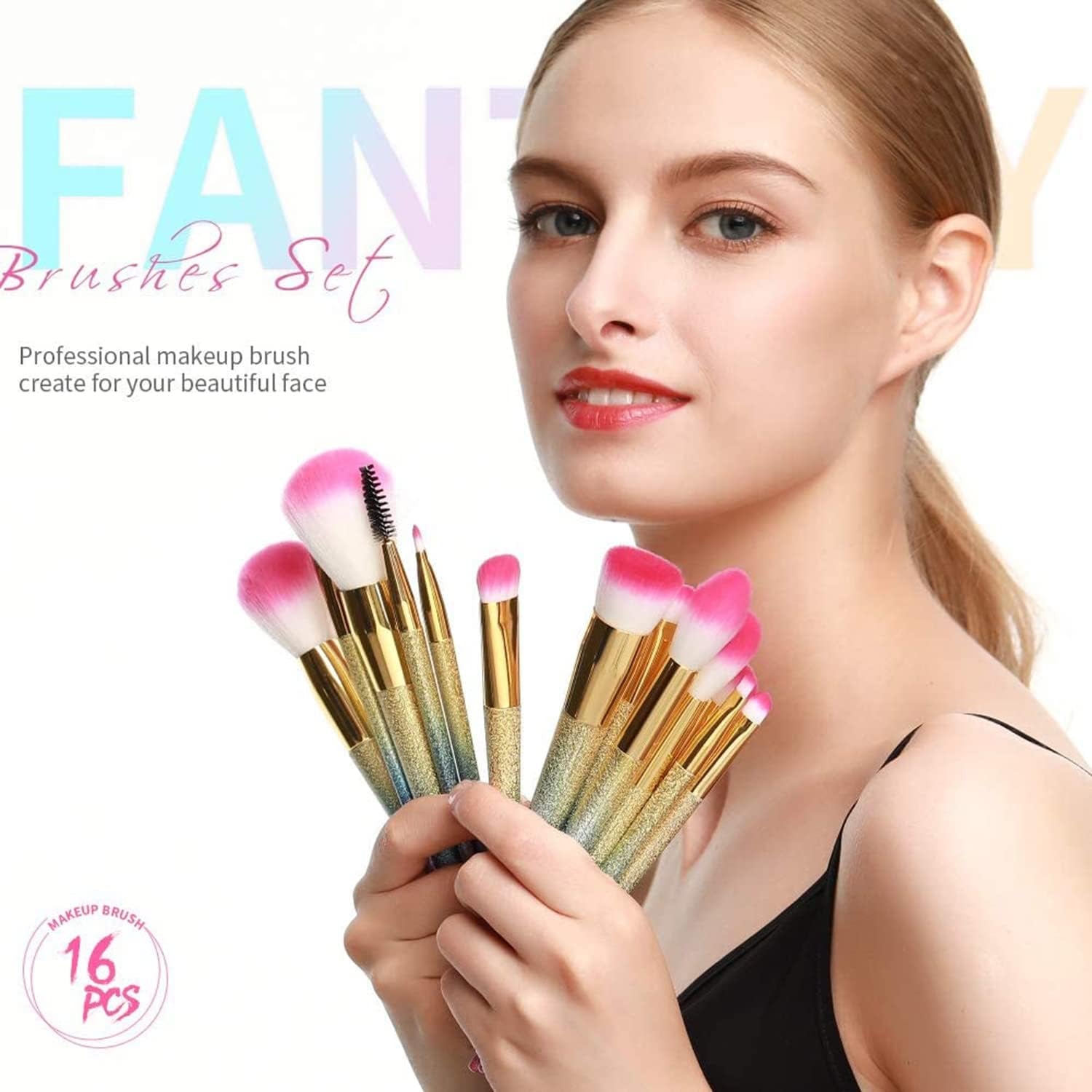 16-Piece Rainbow Makeup Brush Set - Professional Brushes for Flawless Foundation, Eyeshadow, Blush, and More in Elegant Gift Box