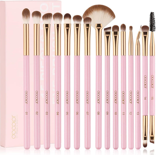15-Piece Professional Eye Makeup Brush Set - Premium Wooden Handled Brushes for Eyeshadow, Concealer, Eyebrow, Eyelash, and Eyeliner in Vibrant Neon Pink