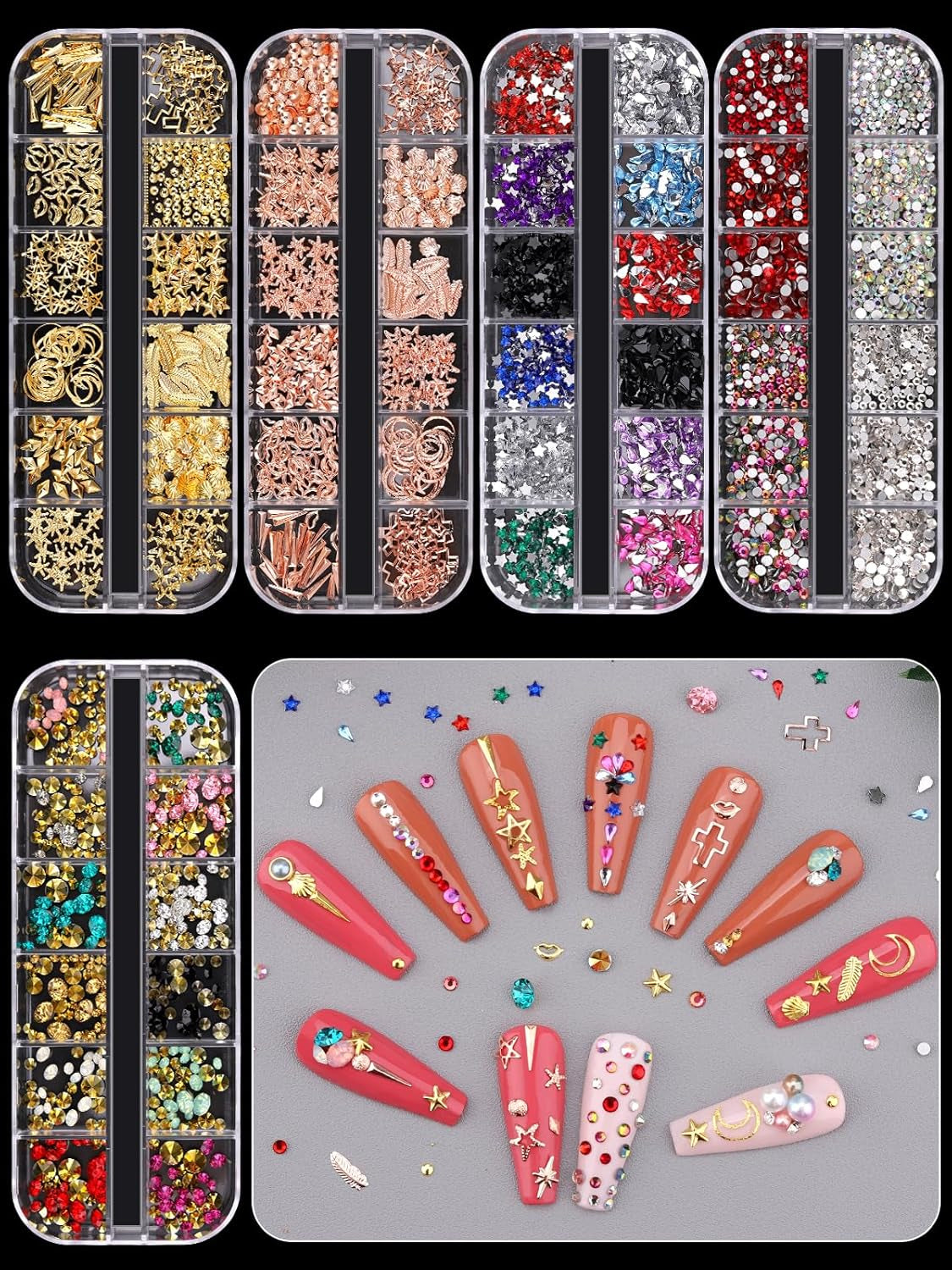 Nail Art Rhinestones, Nail Studs Gems Nail Diamonds Nail Art Crystal Nail Jewels with Pick up Tweezers for Nail Art Decoration (10 Boxs)