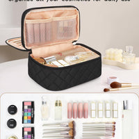 Makeup Bag, Small Makeup Bag for Women, Travel Cosmetic Bag, 2 Layers Waterproof Makeup Organizer Storage with Makeup Brush Holder, Black