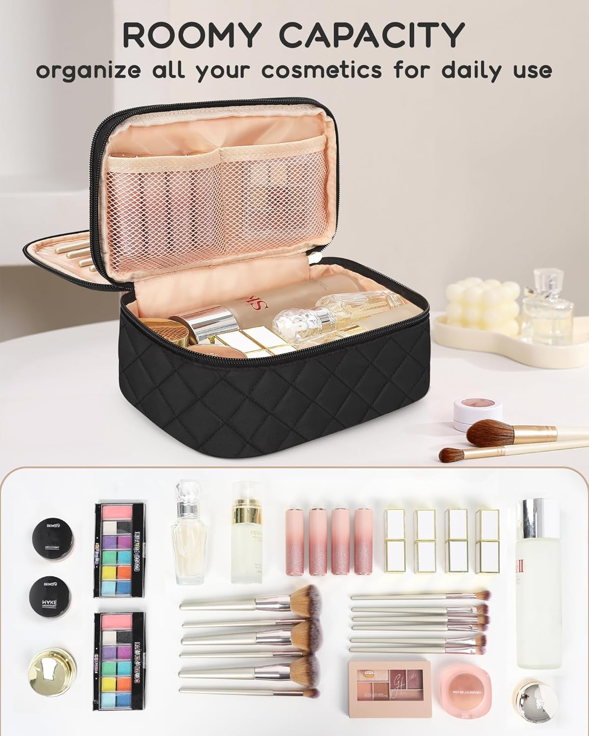 Makeup Bag, Small Makeup Bag for Women, Travel Cosmetic Bag, 2 Layers Waterproof Makeup Organizer Storage with Makeup Brush Holder, Black