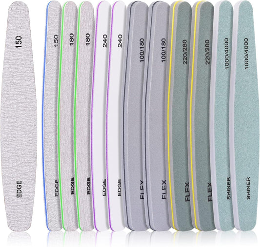 Nail Files,  12Pcs Professional Emery Boards Set for Acrylic Gel Natural Nails(Include 150,180,240,100/180,220/280,1000/4000 Grit)