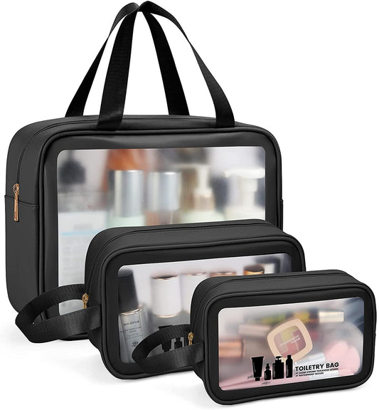 3-Piece Clear Travel Toiletry Bag Set - Waterproof Makeup & Wash Bags for Men & Women (Black)