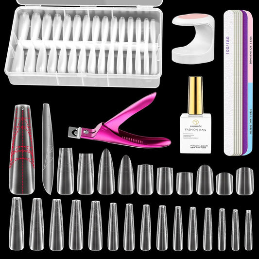Nail Tips Kit, with 320PCS Auxiliary Line Nail Tips in 15 Sizes, Nail Glue, UV Lamps for Gel Nails, Acrylic Nail Cutter, Nail Files and Nail Buffer, Acrylic Nail Kit for Nail Perfect for Beginners