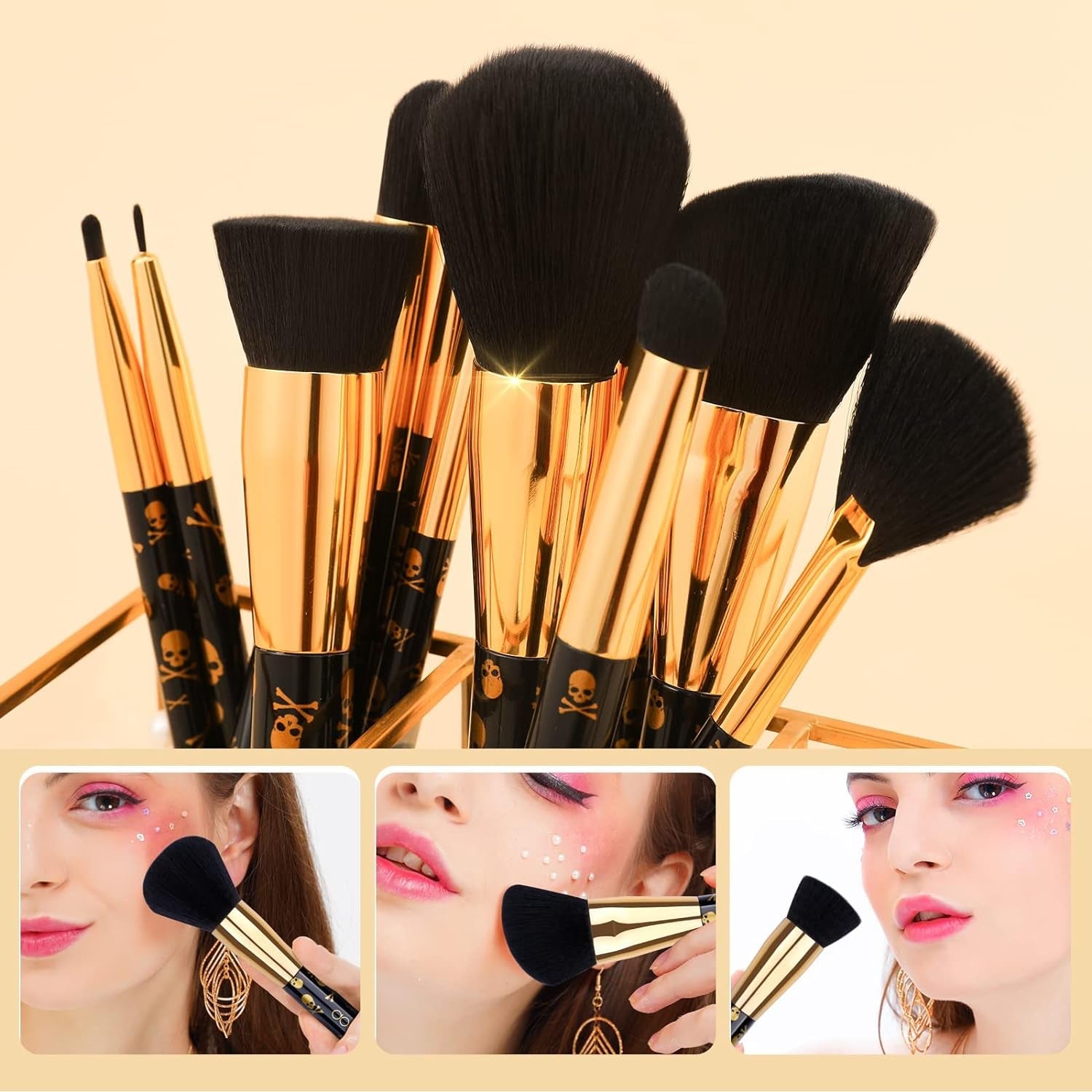 12-Piece Skull-Print Makeup Brush Set - Premium Synthetic Brushes for Flawless Foundation, Contouring, Blush, and Eye Makeup