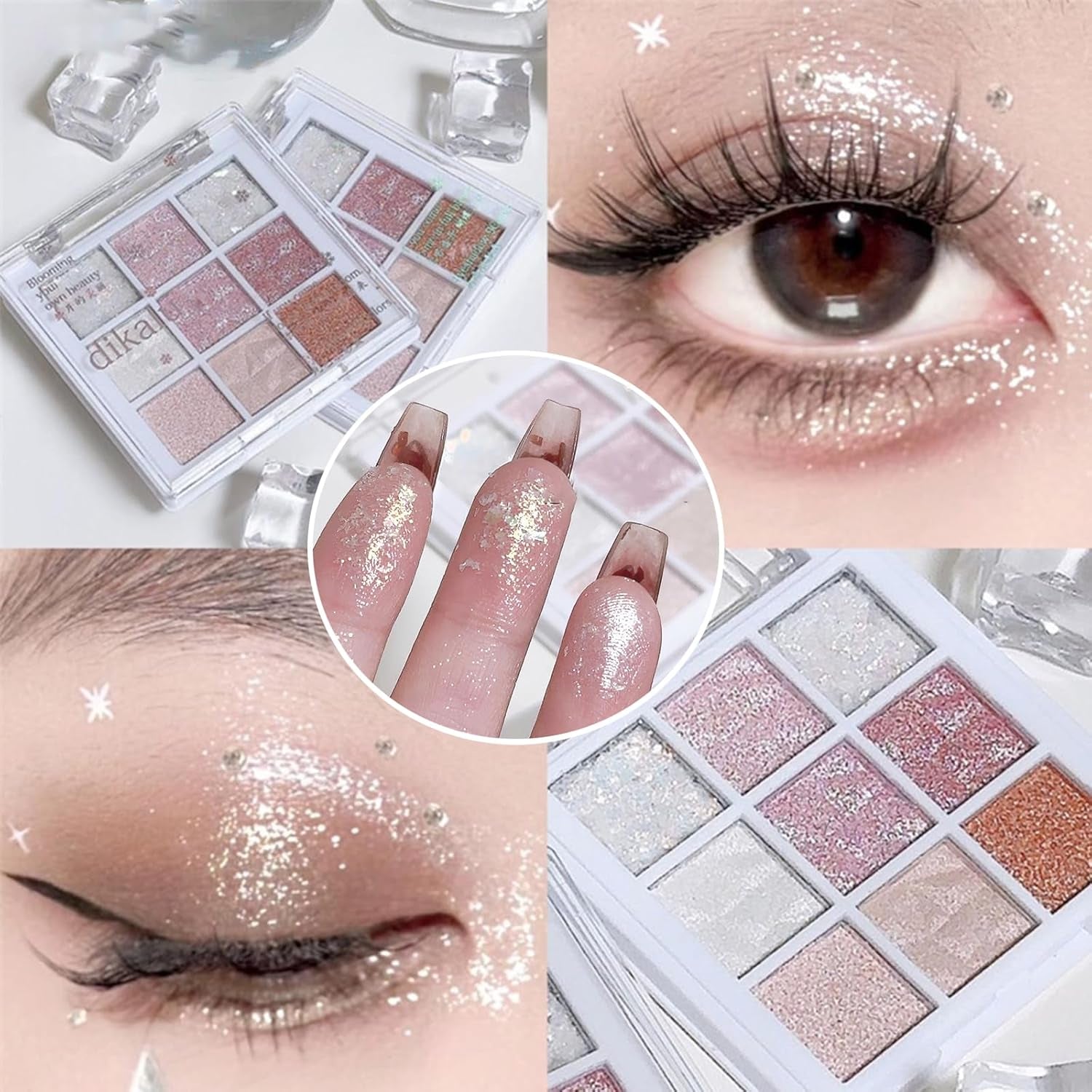 Glitter Eyeshadow Palette,Shimmer Eye Shadow Pallets for Women,Highly Pigmented Eyeshadow Make-Up Palettes,White Pink Glitter Eye Shadow Palette with Brush,Travel Size Eyeshadow Gift for Girls Make Up