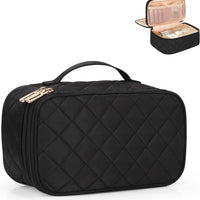 Makeup Bag, Small Makeup Bag for Women, Travel Cosmetic Bag, 2 Layers Waterproof Makeup Organizer Storage with Makeup Brush Holder, Black
