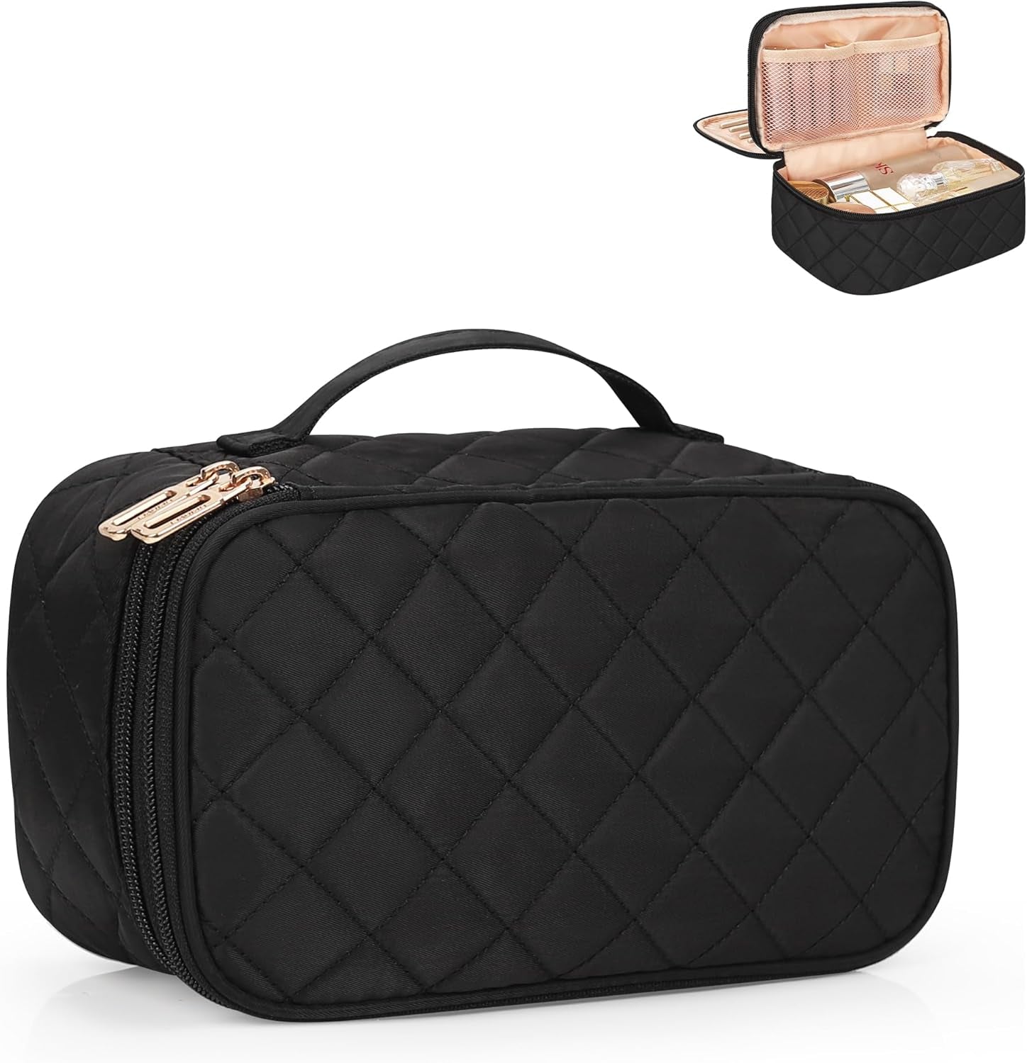 Makeup Bag, Small Makeup Bag for Women, Travel Cosmetic Bag, 2 Layers Waterproof Makeup Organizer Storage with Makeup Brush Holder, Black