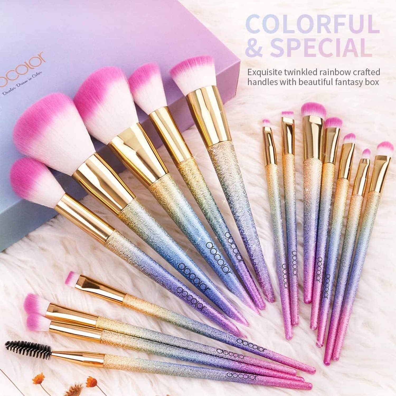 16-Piece Rainbow Makeup Brush Set - Professional Brushes for Flawless Foundation, Eyeshadow, Blush, and More in Elegant Gift Box