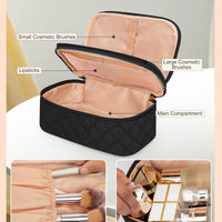 Makeup Bag, Small Makeup Bag for Women, Travel Cosmetic Bag, 2 Layers Waterproof Makeup Organizer Storage with Makeup Brush Holder, Black