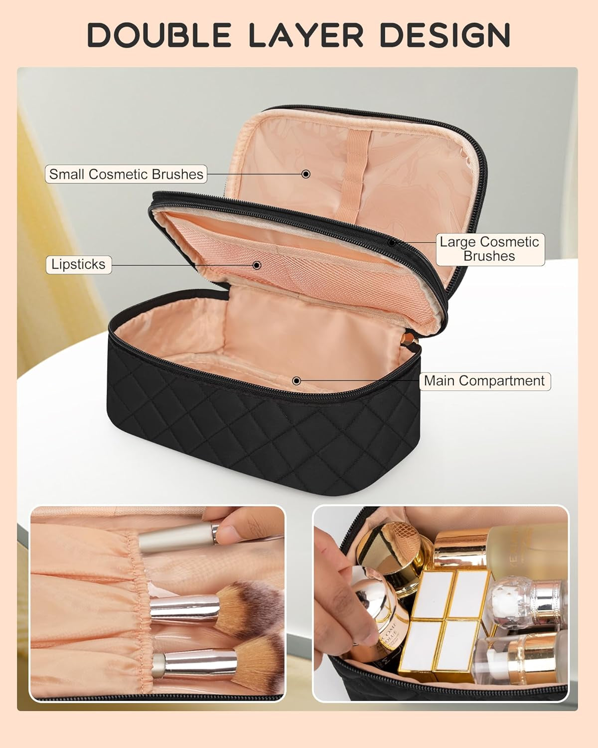 Makeup Bag, Small Makeup Bag for Women, Travel Cosmetic Bag, 2 Layers Waterproof Makeup Organizer Storage with Makeup Brush Holder, Black