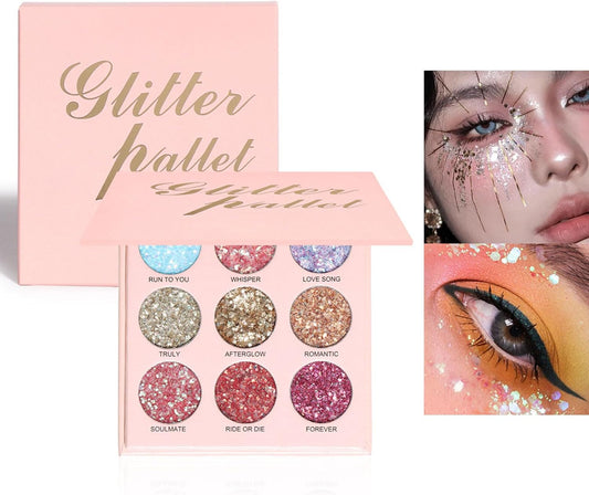 9 Colors Glitter Eyeshadow Palette, Diamond Shine Pressed Pigmented Metallic Shimmery Sparkly Eye Shadow Palette, Long Lasting Waterproof Eye Shadow for Party
