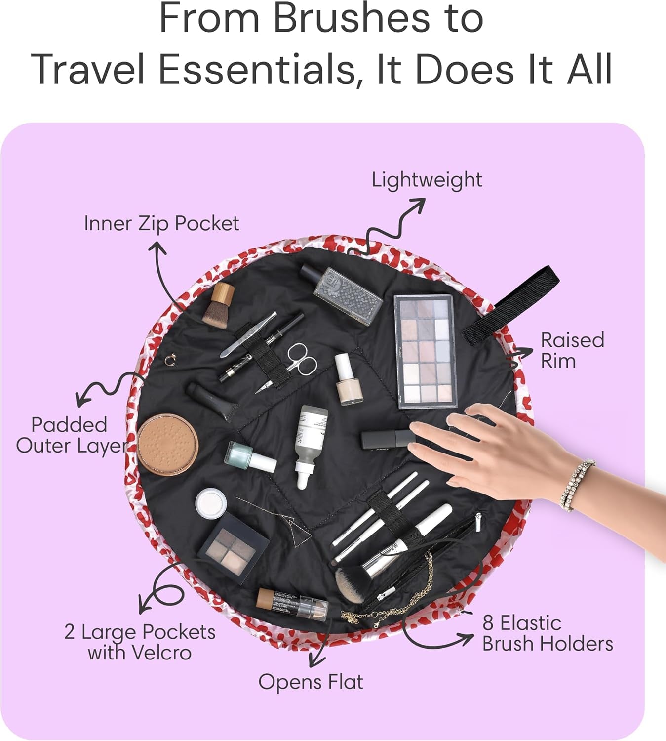 Makeup Bag - Travel Make up Organiser for Cosmetics, Eyeshadow, Make-Up Brushes, Lipstick & Tools - Drawstring Makeup Bag Storage with Brush Holder & Large Pockets