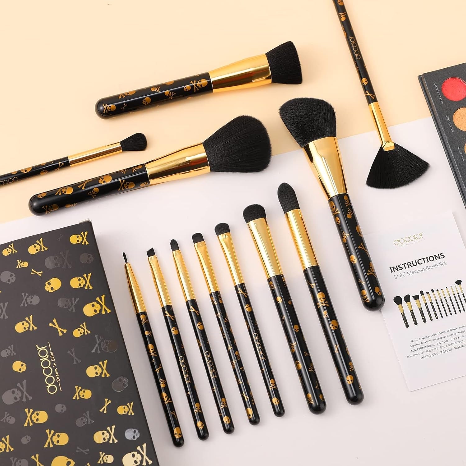 12-Piece Skull-Print Makeup Brush Set - Premium Synthetic Brushes for Flawless Foundation, Contouring, Blush, and Eye Makeup