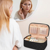 Makeup Bag, Small Makeup Bag for Women, Travel Cosmetic Bag, 2 Layers Waterproof Makeup Organizer Storage with Makeup Brush Holder, Black