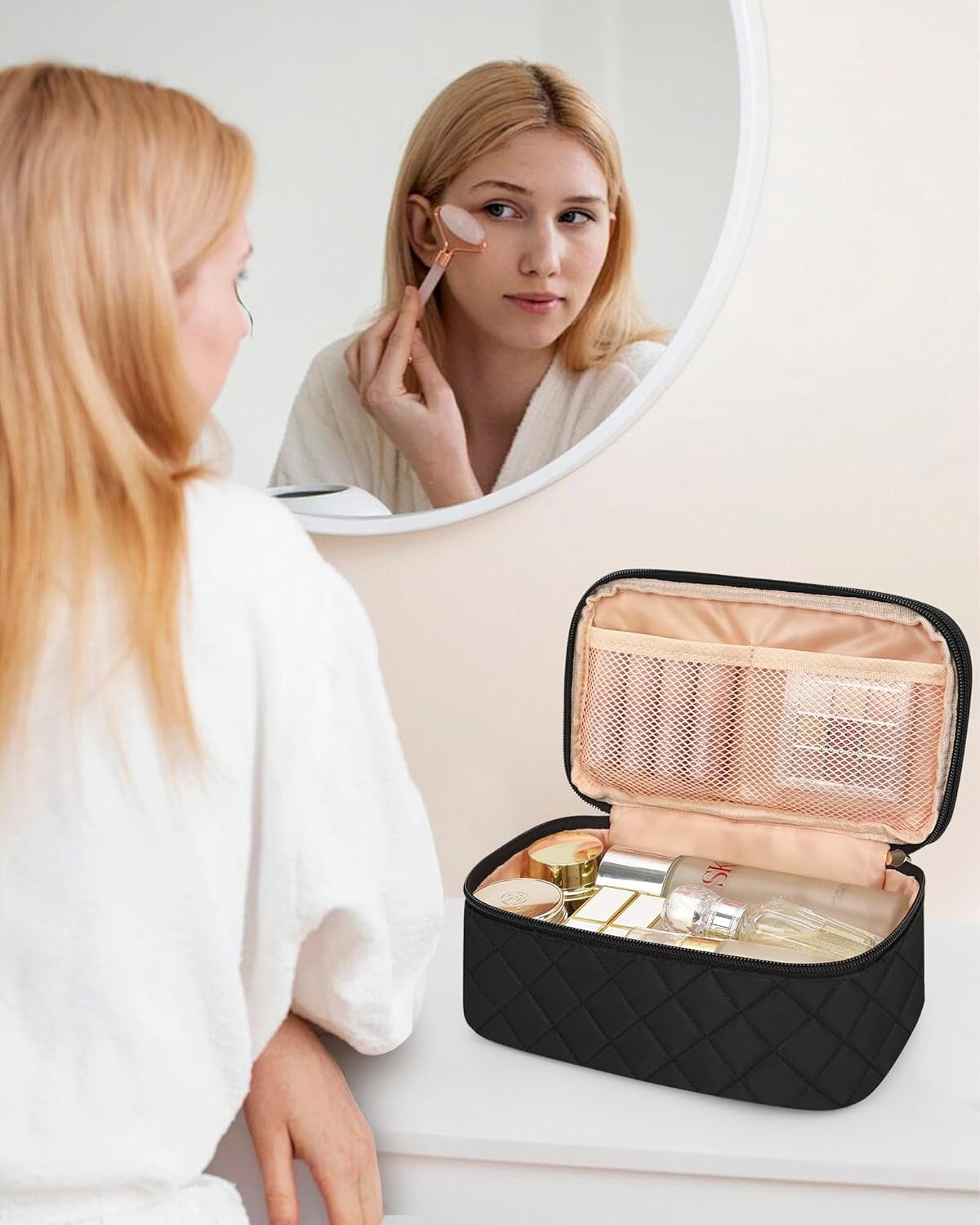 Makeup Bag, Small Makeup Bag for Women, Travel Cosmetic Bag, 2 Layers Waterproof Makeup Organizer Storage with Makeup Brush Holder, Black